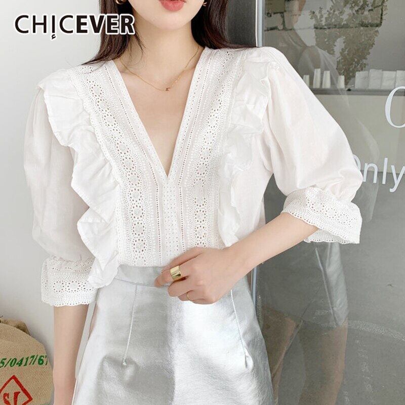 CHICEVERパッチワークフリルレースシャツレディースVネックフレアハーフスリーブオーバーサイズブラウス2020夏服 半袖 サマー 夏物 6base513174192107