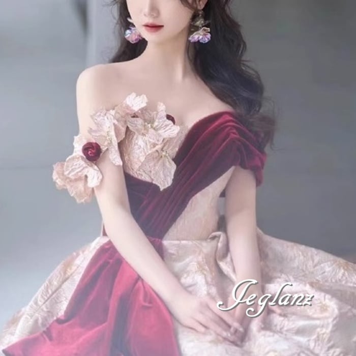 パーティ イブニングドレス オフショル 立体 フラワー 背中 編み上げ(M6073)ζ