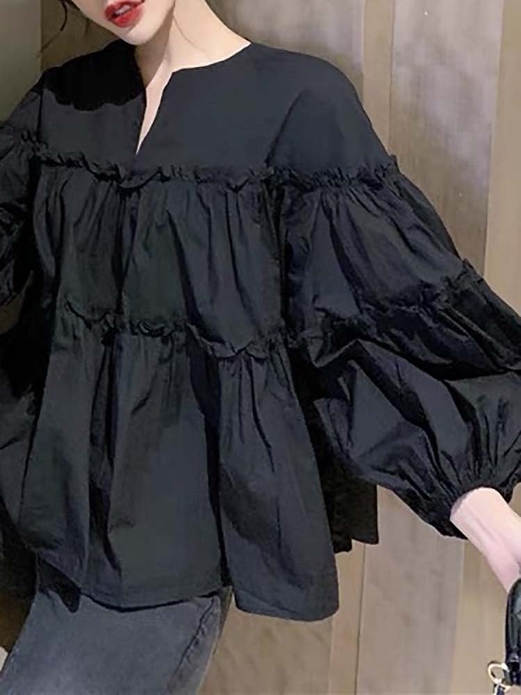 スリットネックフレアブラウス ティアードギャザー 大人かわいい チュニック ボリュームスリーブ 黒 大きいサイズ 韓国 CH8188