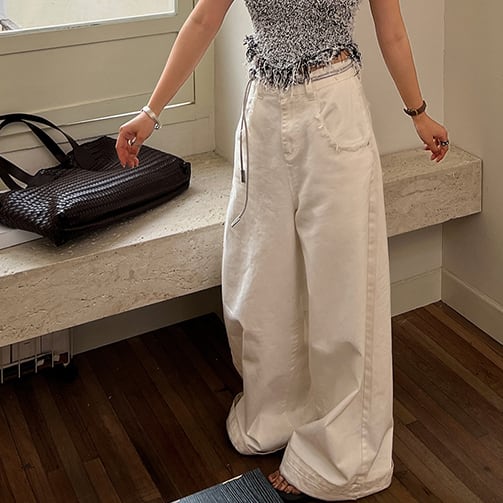 White raw edge wide leg pants S369