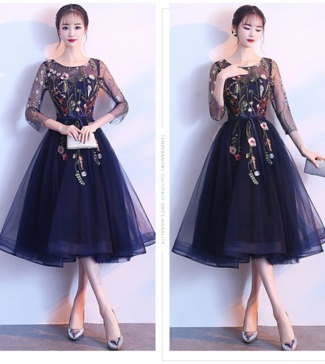 送料無料 未使用 発表会 舞台衣装 パーティ フォ－マル 花刺繍 ミモレ丈 チュ－ル ドレス 9号 M [OPN3403]