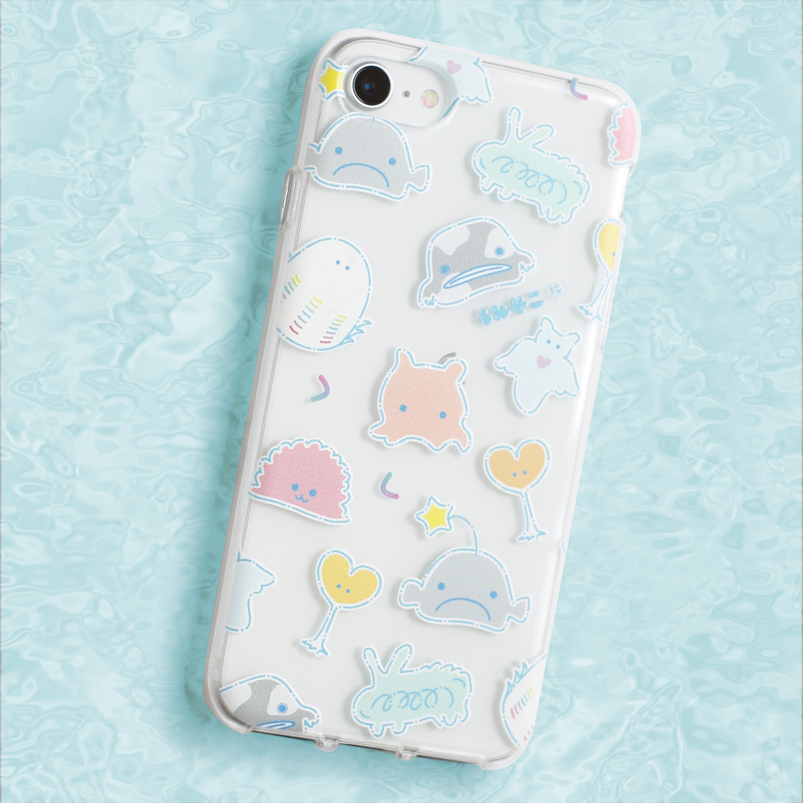 ポップな深海魚たちのソフトクリアスマホケース/Mサイズ/名入れ可