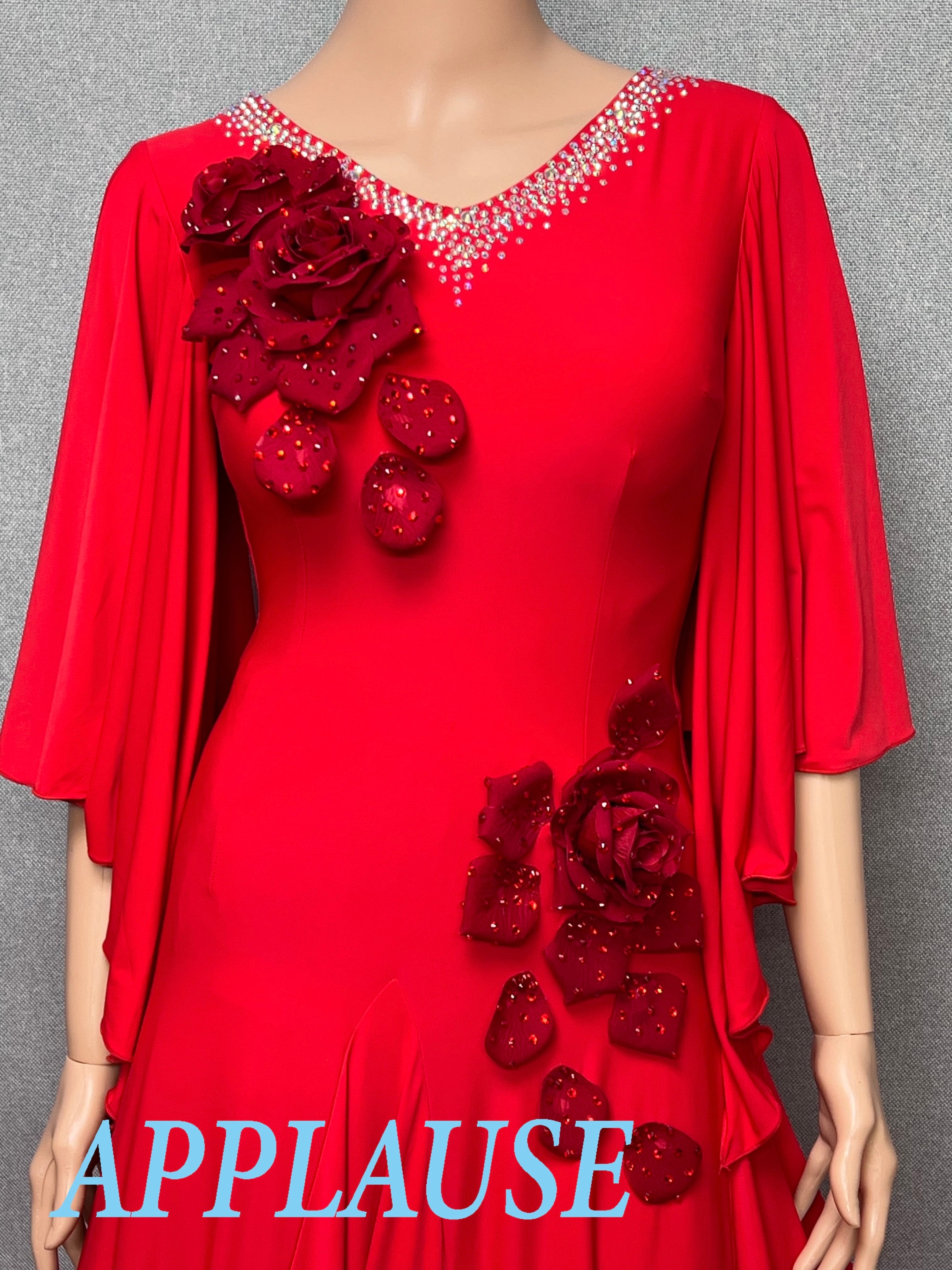 【新着】社交ダンス ドレス　モダン　スタンダード ドレス　ST-26-４　レッド（バラ）　M〜L　デモ・競技用ドレス　発表会　衣装　パーティドレス　ワンピース　舞台衣装