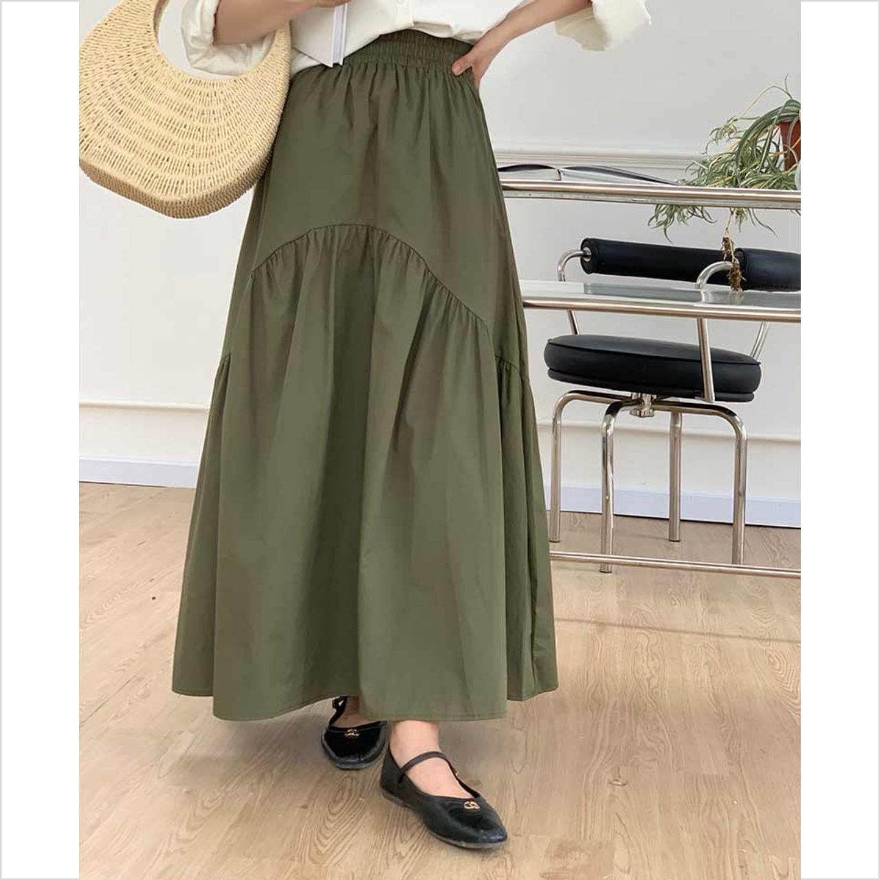 ウエストゴム ティアード ロング丈 フレアスカート Ln00162