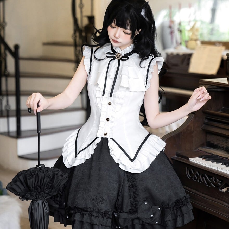 ゴスロリ セットアップ 黒猫風 ブラウス スカート 黒白フリル｜WithU