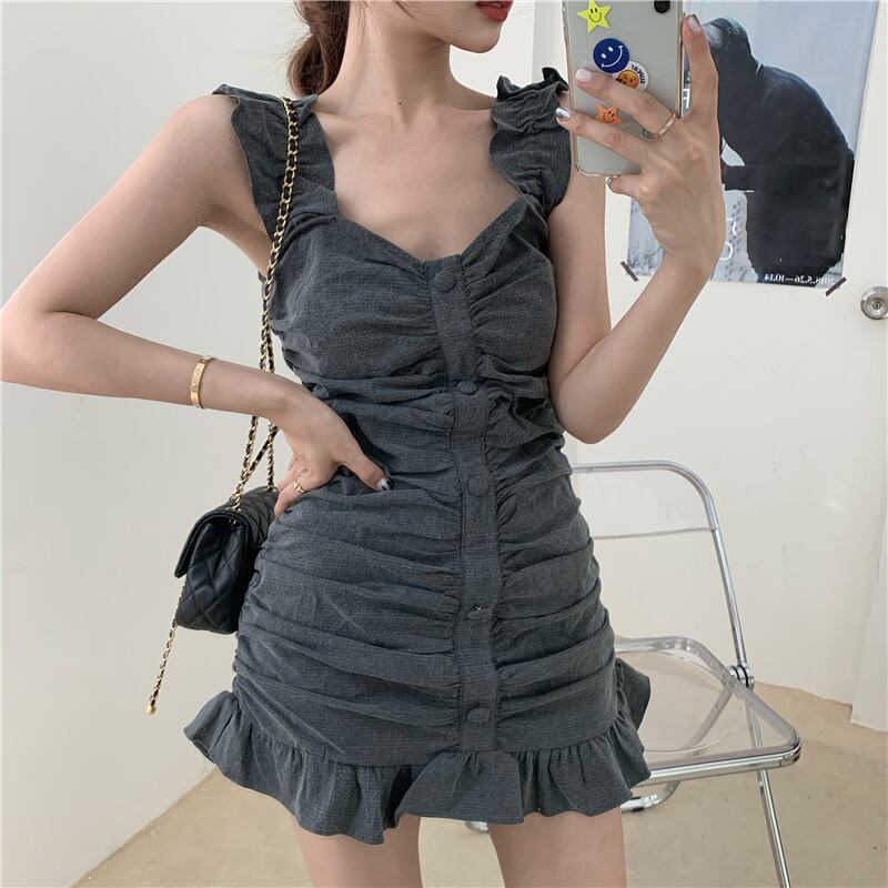 フリルスリングドレス女性の夏のセクシーなスリムフォールドショートスカート2020新しいスタイルの薄いスカート ブラックストロベリース61184344529