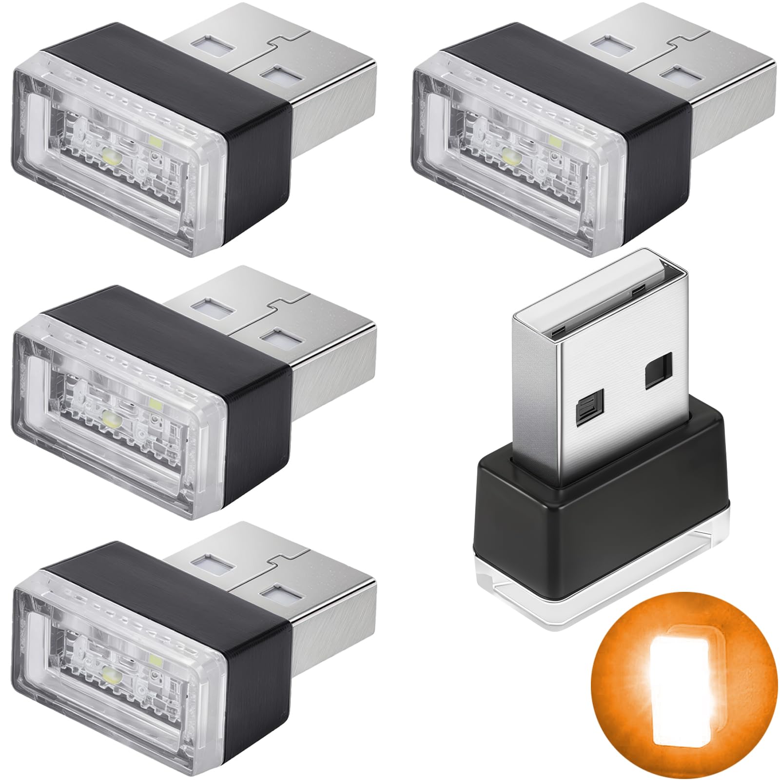 USB ライト 車、 CTRICALVER 5個の車用LED雰囲気ライト、USB雰囲気ライト、ミニUSBライト、車載USB灯,車、ノートパソコン、USBソケット、ナイトライトの用 (イエロー)