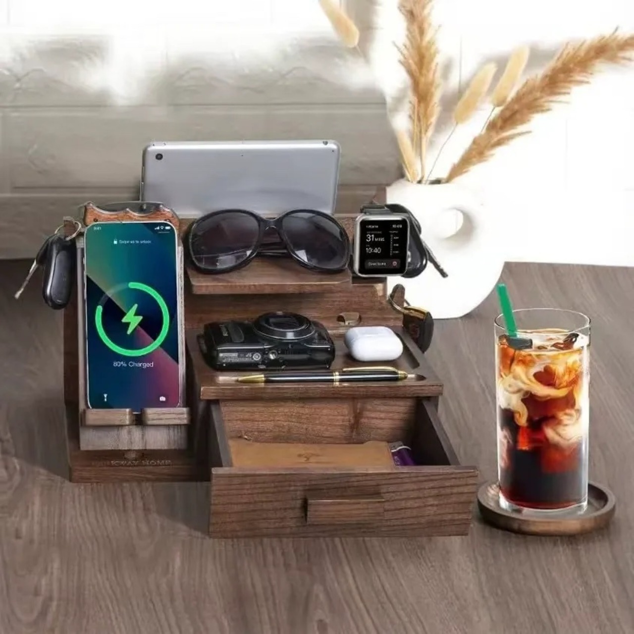 【木製 インテリア スマホグッズ】携帯電話 スタンド 眼鏡 腕時計 収納棚 引き出し付きケース オフィス タブレット デスクトップ 省スペース ブラウン