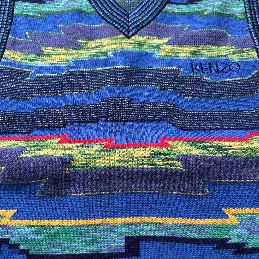 KENZO ワンポイントロゴ 幾何学 ブルー レトロ Vネック ニット ベスト KENZO ワンポイントロゴ 幾何学 ブルー レトロ Vネック ニット ベスト