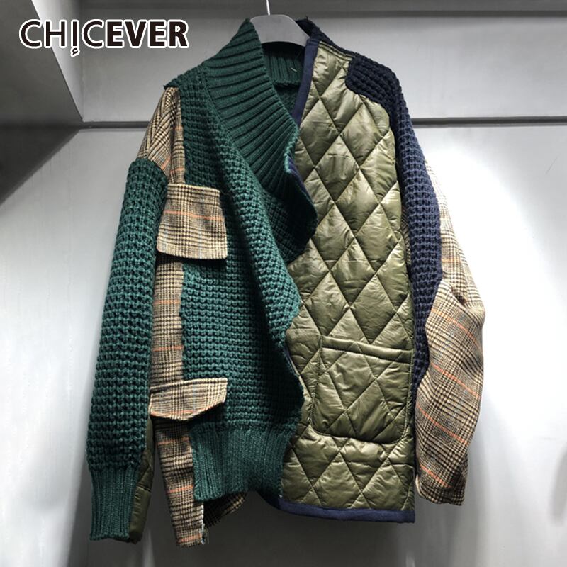 CHICEVERコットンコートレディースVネック長袖チェック柄パッチワークアーガイル厚手のオーバーサイズコート2020タイド ロング 6base530816373988