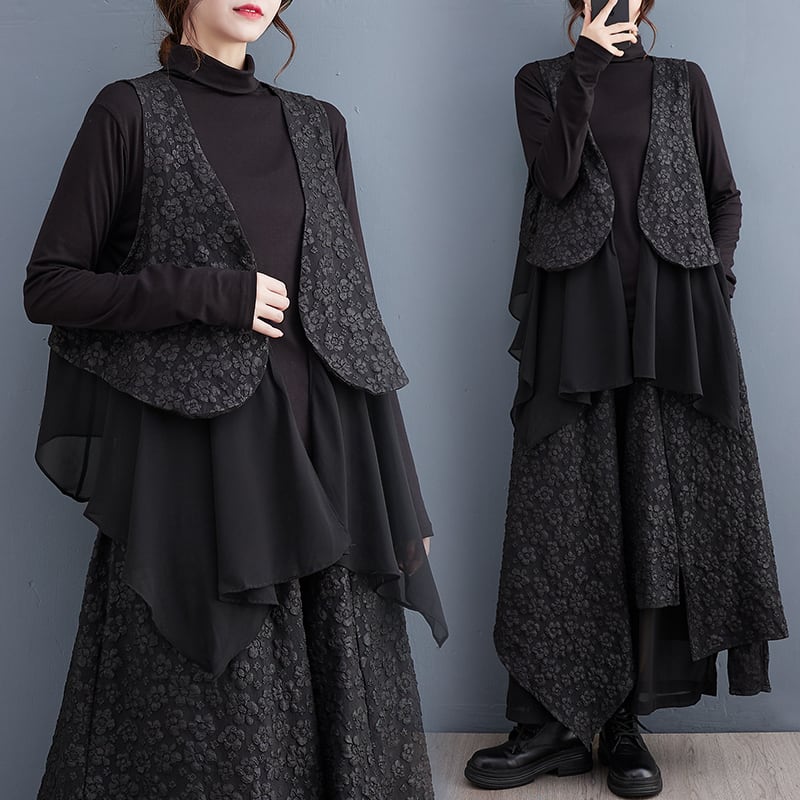 BLACK JACQUARD LAYERED DESIGN VEST & WIDE LEG PANTS SET