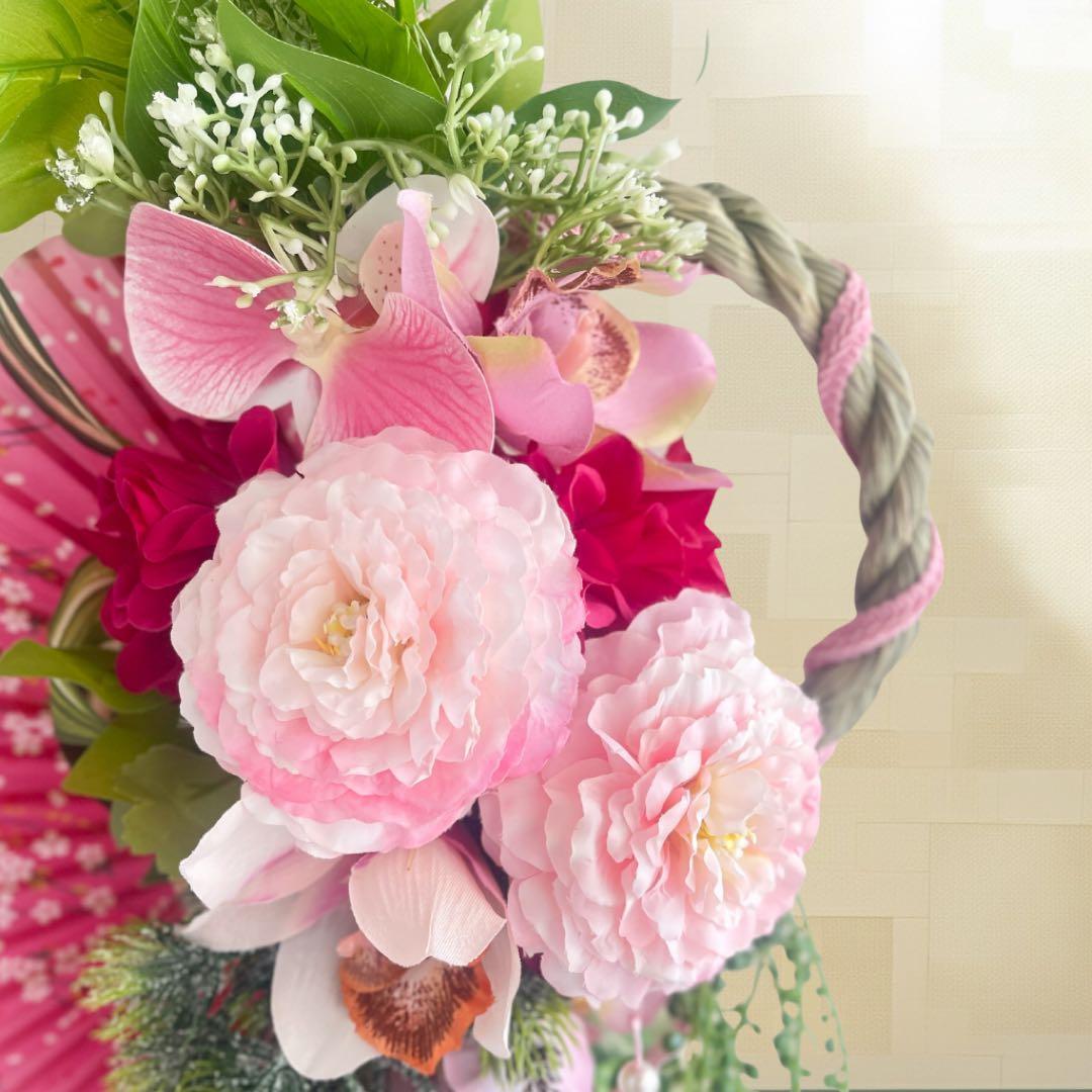 彩り扇のしめ縄リース・縦長シリーズ しめ飾り 正月飾り アート