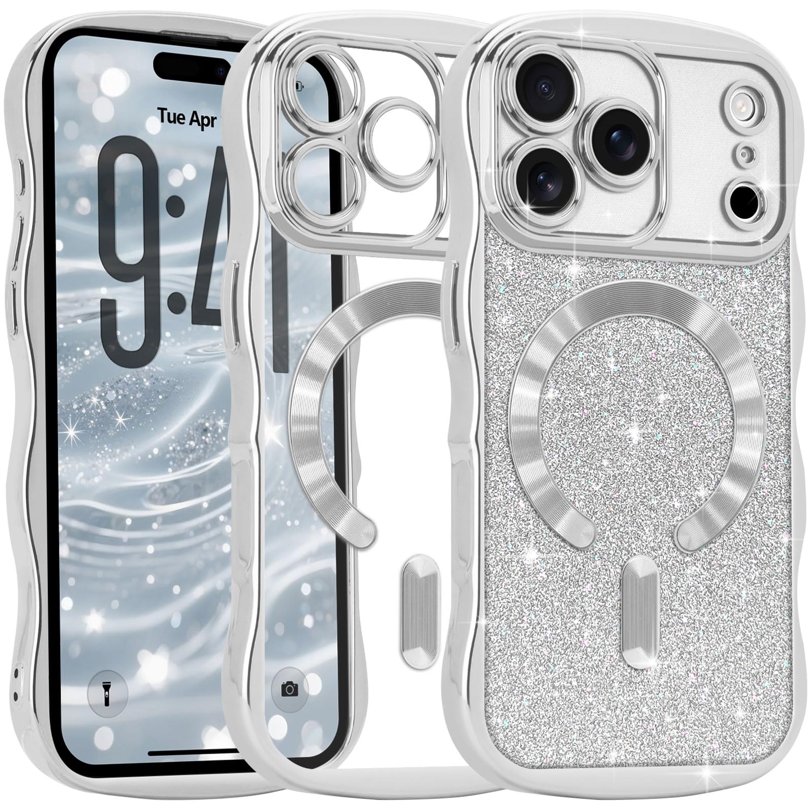 Pepmune iPhone 17 Pro Max 用 ケース MagSafe対応 ウェーブ クリア 可愛い 着脱式キラキラカード(シルバー)