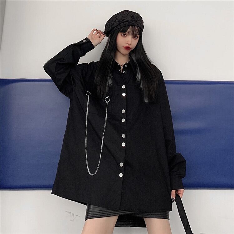 ダークルーズシャツ メタルチェーン ポケットトップス ロング ケッペル25691641493