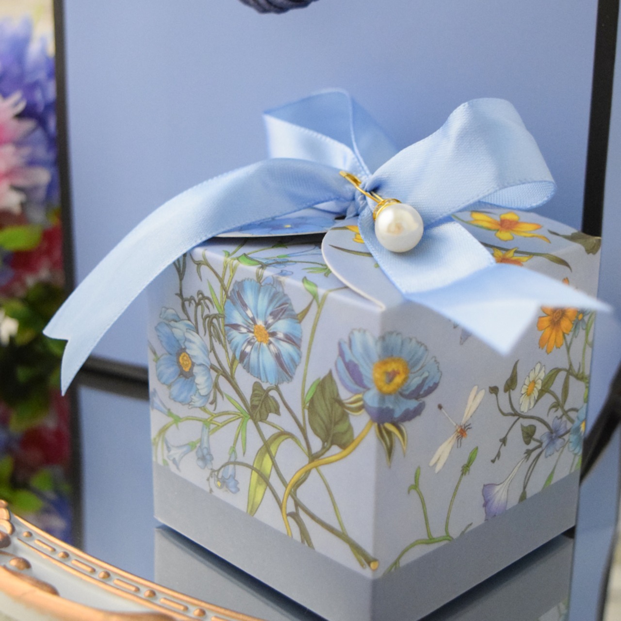 ラッピングセット（スカイブルー花柄BOX・巾着袋付き）包装セット