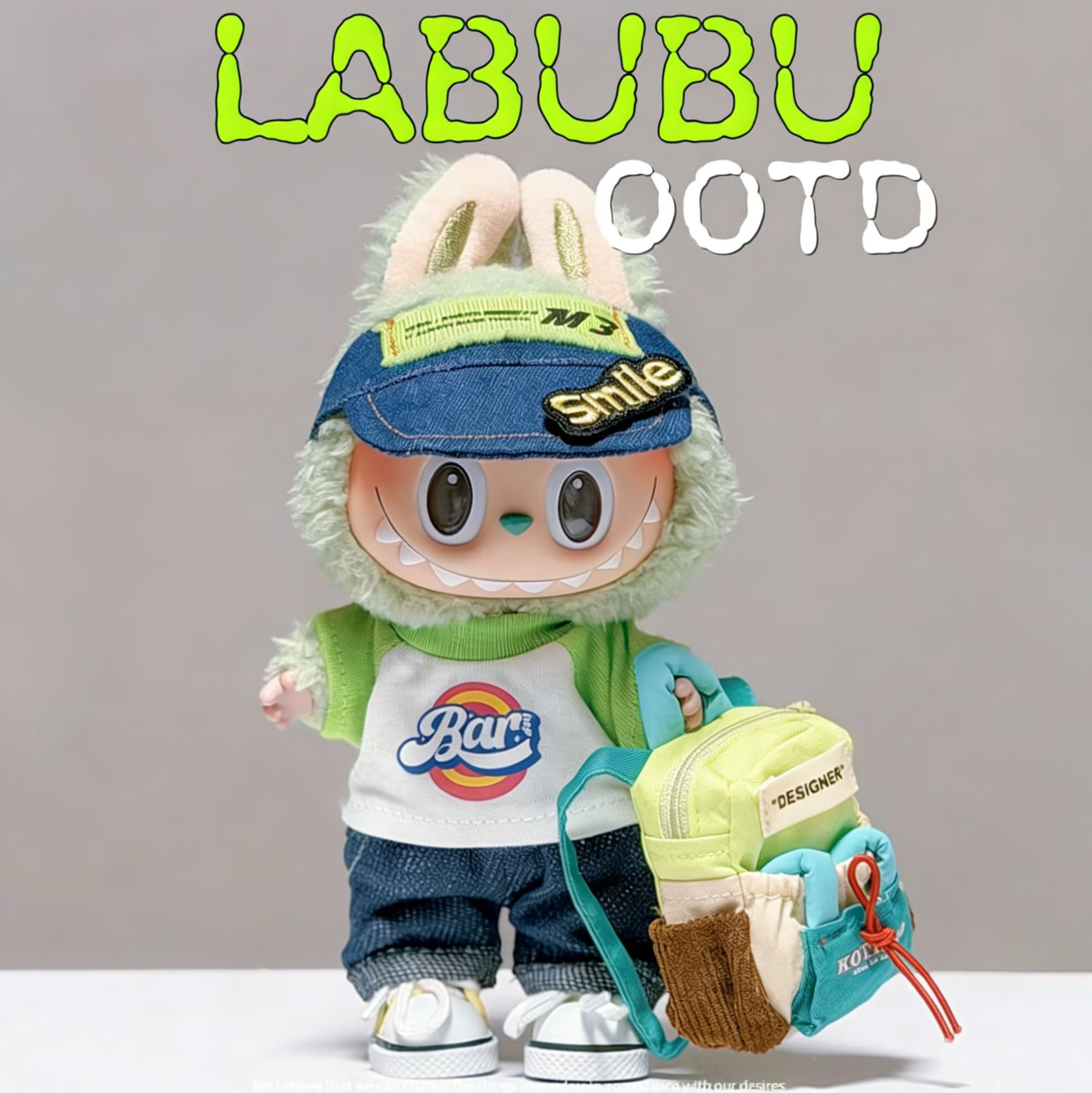 かっこかわいい春スタイル!labubu コーデ 17cm 新作 グリーン系春コーデが爽やか!リュック&キャンバスシューズ付きフルセット かっこかわいい