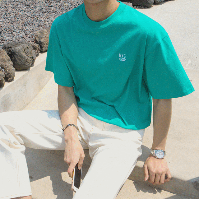 胸元ロゴ 半袖 Tシャツ グリーン トップス  メンズファッション 韓国ファッション