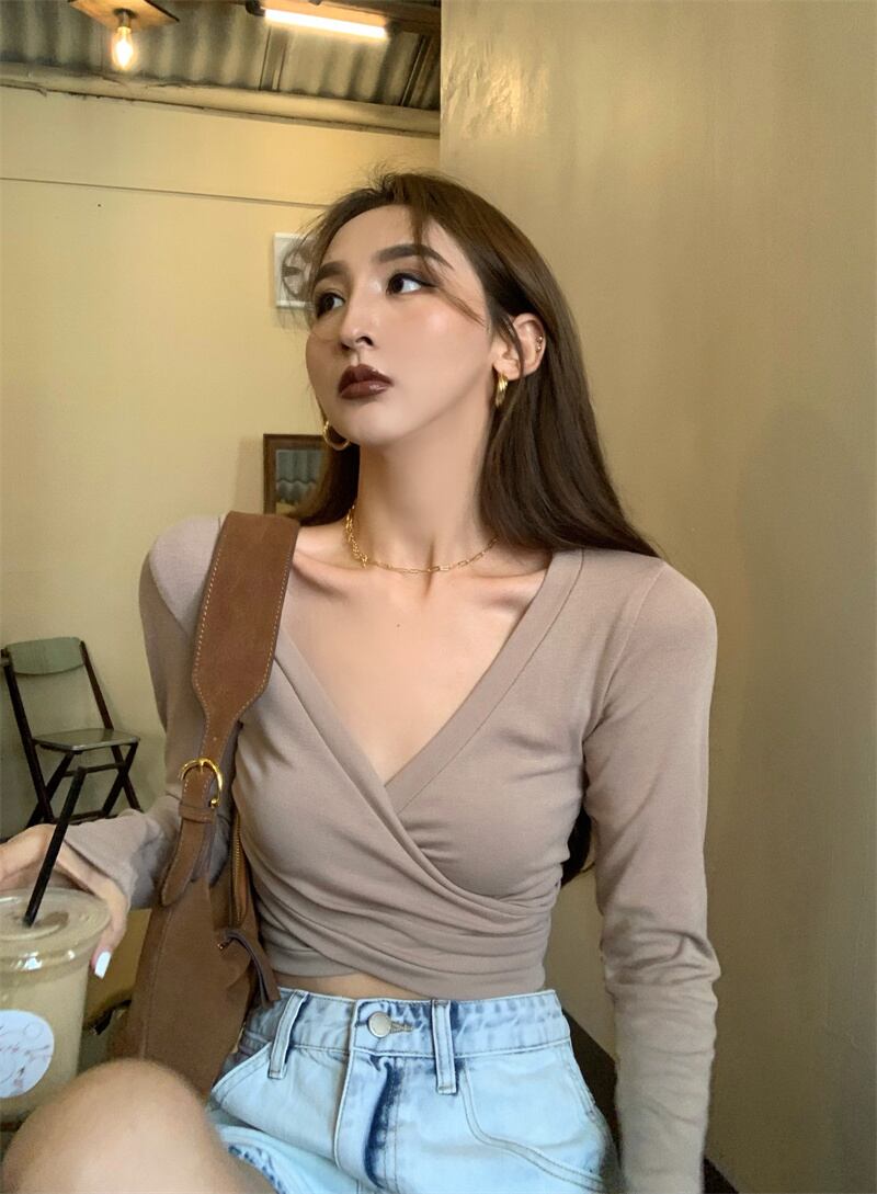 Tシャツ クロスVネックトップス オータム ロング 秋物 ピュア ブラックストロベリース8415480329