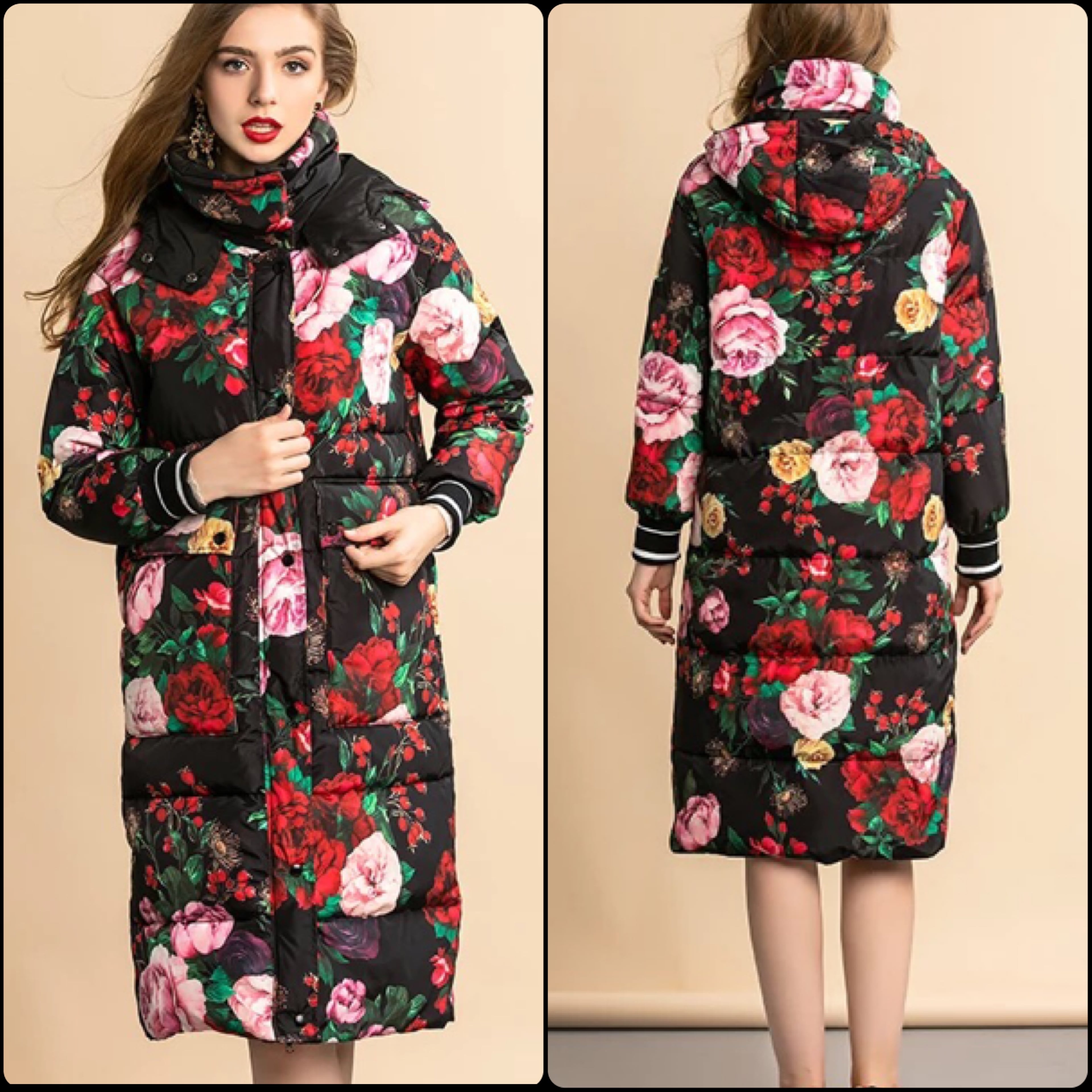 花柄 ブラック コート ダウン フード パーカー XL 黒 バラ カラフル