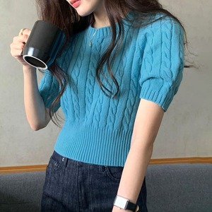 ケーブル編み ニット レディース 韓国 春秋 パフスリーブ ショート丈 トップス 大人 かわいい おしゃれ きれいめ カジュアル 大人可愛い 大人女子
