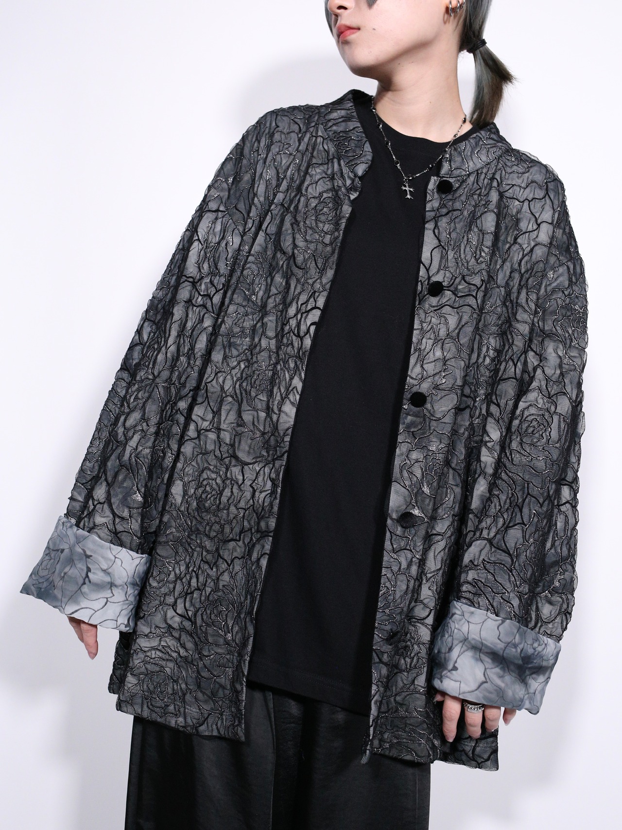 "刺繍" and mesh fabric design XXX wide silhouette shirt jacket - 2