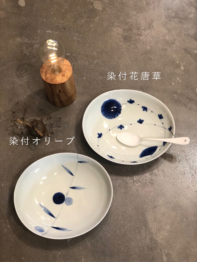 楕円浅ボウル（大）　染付花唐草・染付オリーブ