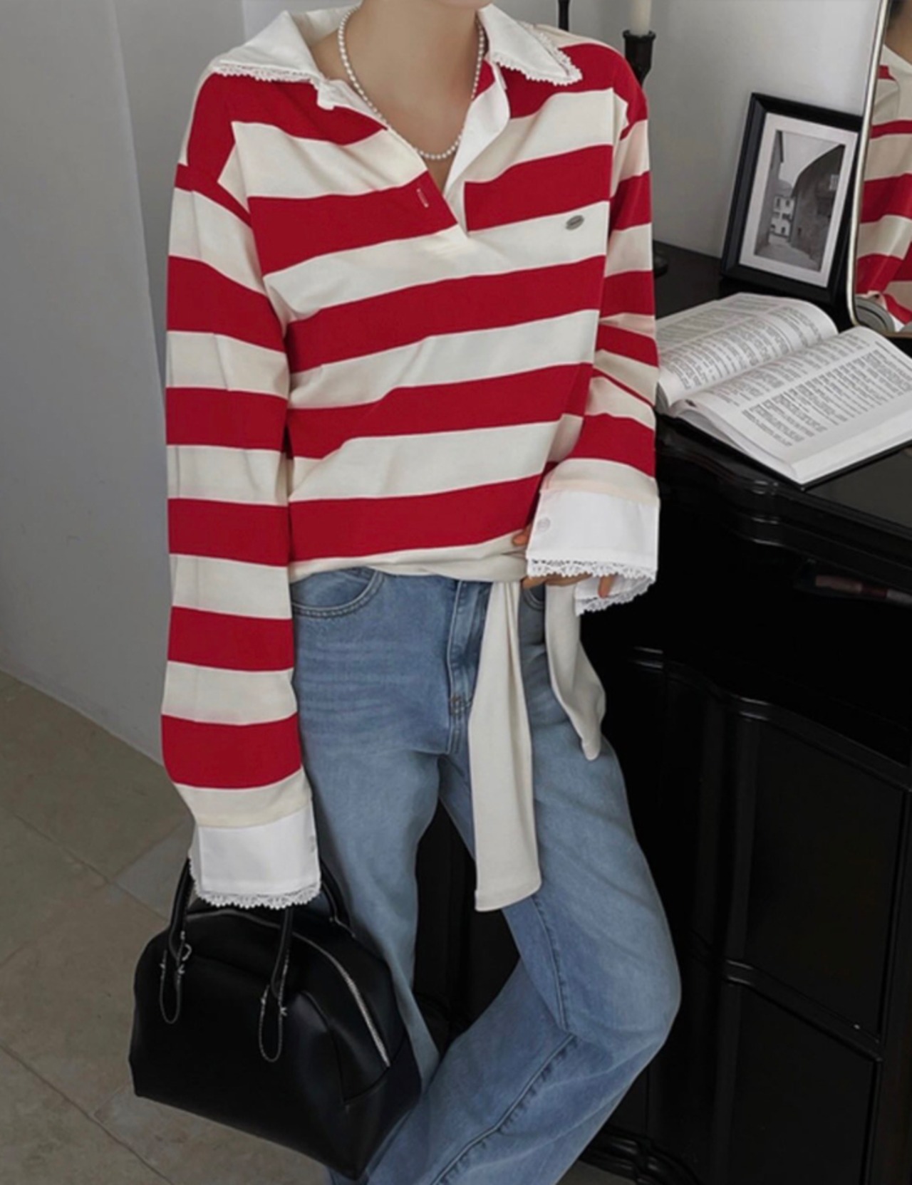 【新作5％OFF・3日間】Lace-collar Stripe Toips_3colors