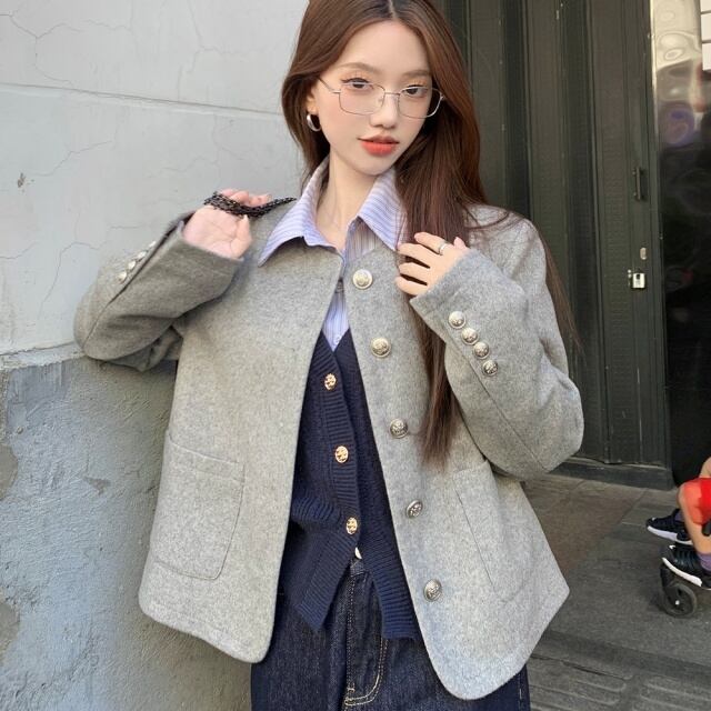 【予約販売】ジャケット レディース アウター ノーカラー グレー ショート丈 こなれ感 大人可愛い シンプル ベーシック エレガント おしゃれ 韓国 トレンド S/M/L