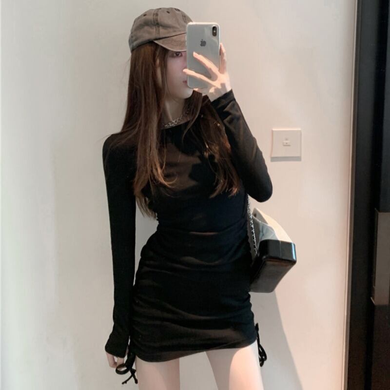 オータムドレス ギャザースカート スリム薄手 秋物 ハンチェンe17091423289