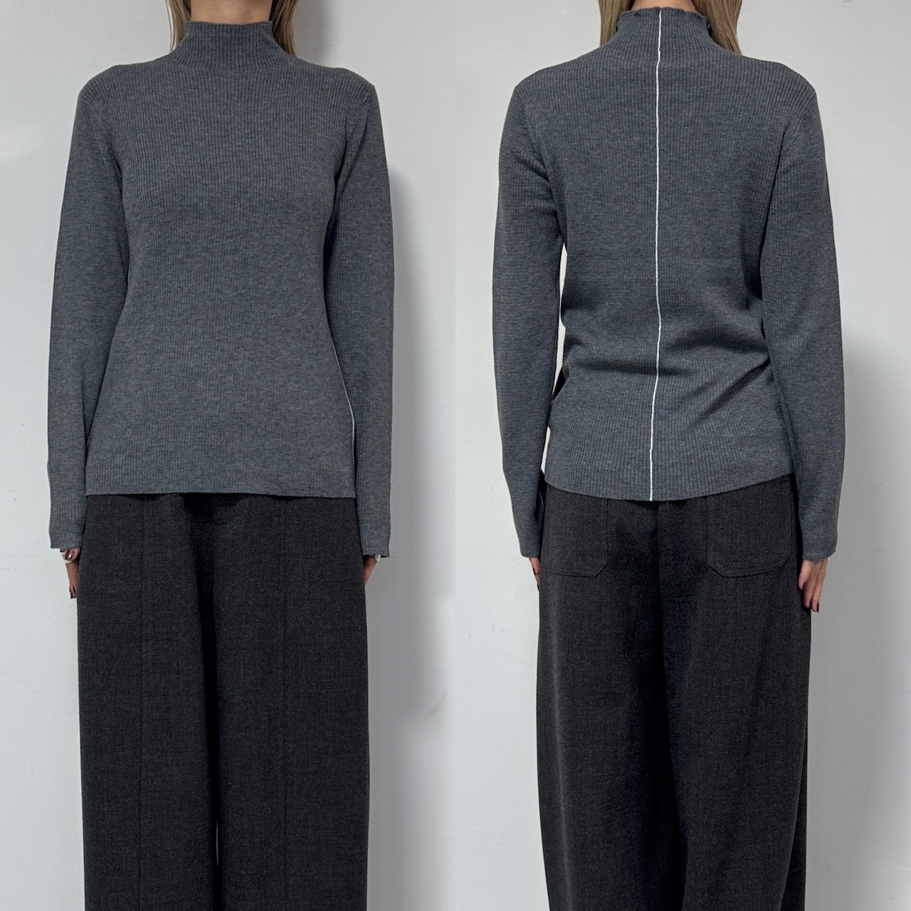 パイピングラインウール混リブknit/グレー