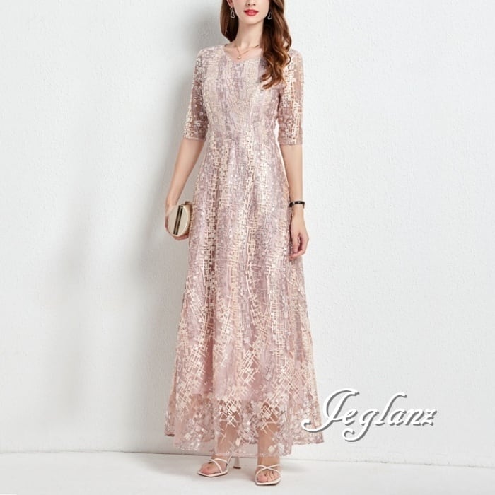 パーティ イブニングドレス 刺繍 レース 透け感 光沢感 5分袖(M9188) ζ