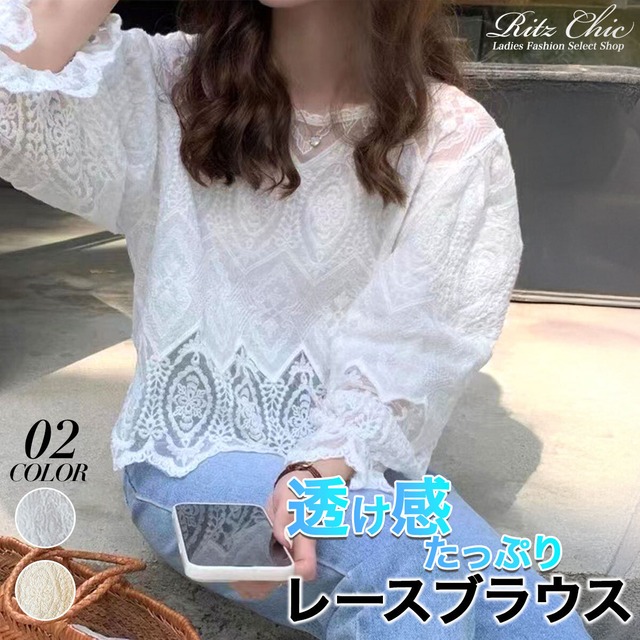 透かし レース ブラウス レディース 春夏 韓国 透け感 おしゃれ 大人 きれいめ パフスリーブ フェミニン スカラップレース 重ね着 大人可愛い 大人女子