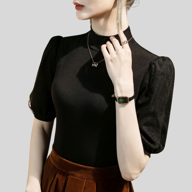 モックネック シースルーパフスリーブ スリムフィット トップス 2col D00489