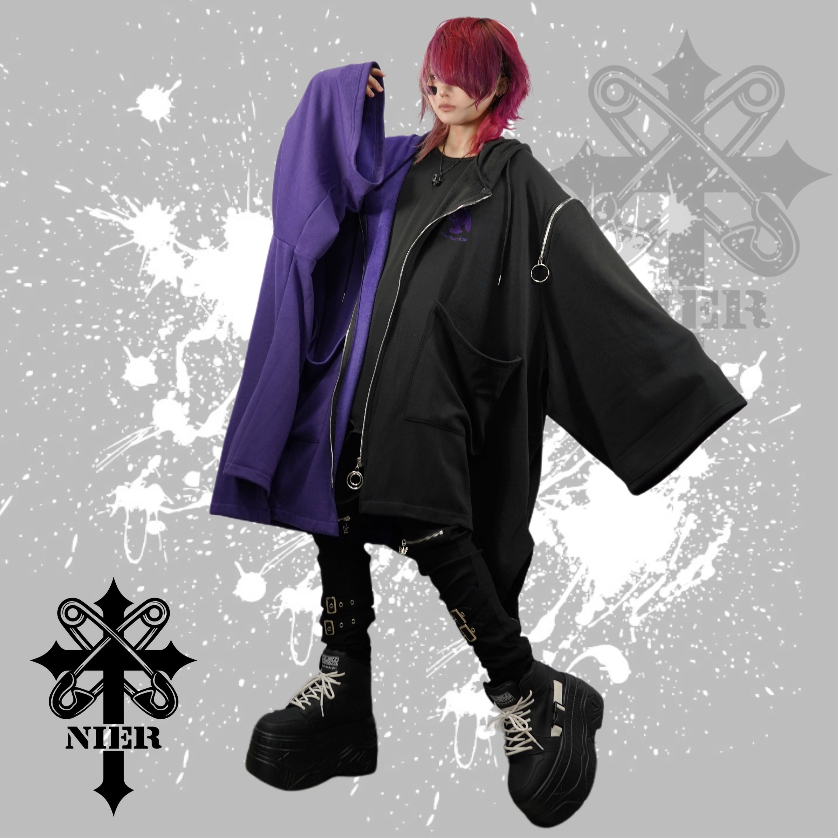 防寒ポンチョ風SUPER OVER SIZE 2WAY ZIP OUTER【PURPLE×BLACK