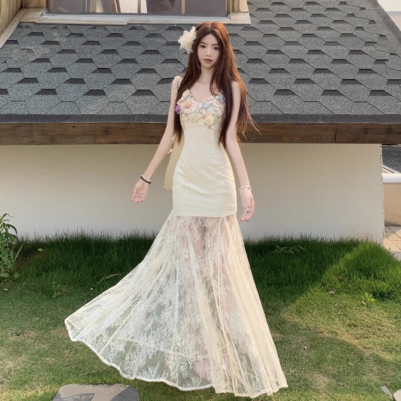 【dress】フラワー付きチュールドッキングロングキャミワンピース Q8259