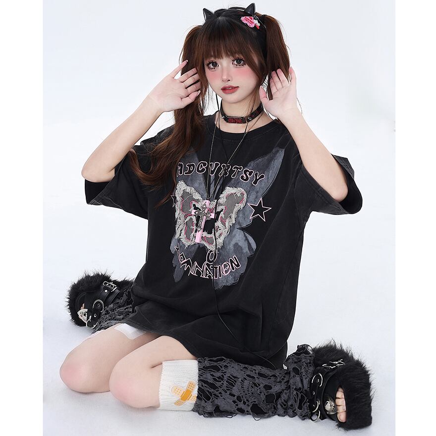 サブカル 服 地雷系 通販 CRAZYGIRL 半袖Tシャツ バタフライプリント クルーネック ルーズ 闇かわいい バンギャ