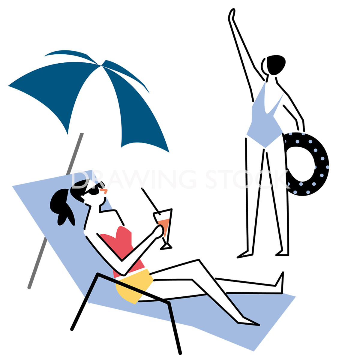 夏のビーチで過ごす女性のイラスト 2種3点 | DRAWING STOCK｜プロの