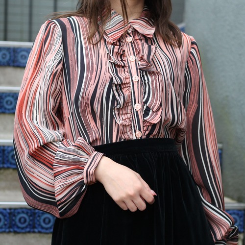 EU VINTAGE STRIPE PATTERNED FRILL DESIGN BLOUSE/ヨーロッパ古着ストライプ柄フリルデザインブラウス