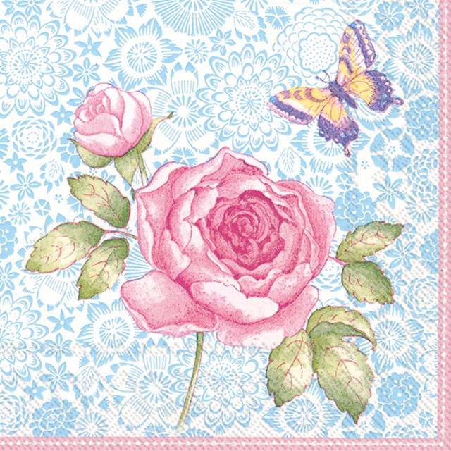 【Villeroy&Boch】バラ売り2枚 ランチサイズ ペーパーナプキン ALL ABOUT TEA ブルー×ピンク