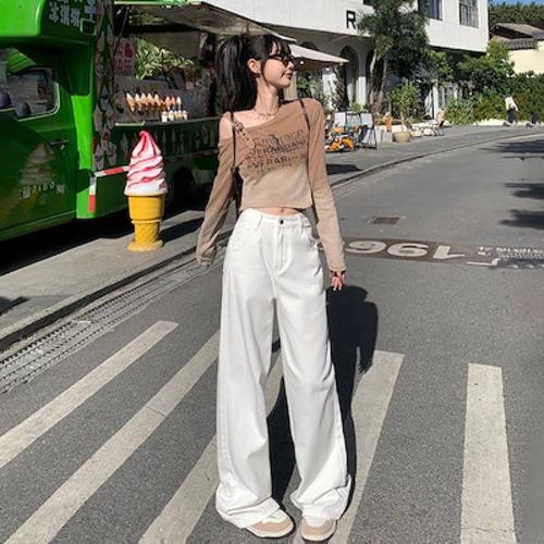 シンプルでファッショナブルなレディースワイドレッグジーンズハイウエストゆったりスリムで背が高くどんなスタイルにも合うストレートレッグフロアレングスパンツ