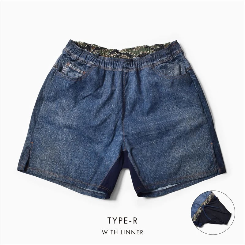MMA(マウンテンマーシャルアーツ) MMA Denim-print Run Shorts type-R (Denim 60) メンズレディースランニングショーツ(ライナー付)