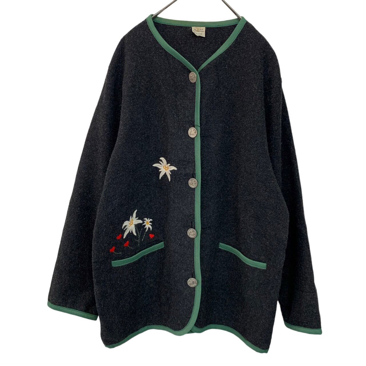 『VINTAGE wool no collar heart flower embroidery stitch medal button Tyrol  Tyrolean jacket』USED 古着 ヴィンテージ ウール ノーカラー ステッチ 刺繍 ハート フラワー 花柄 メダル ボタン チロル