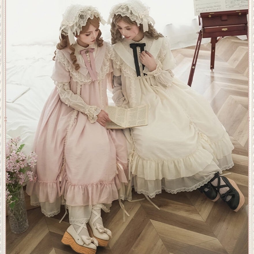 甘ロリ 6点フルセット ワンピース×ヘッドドレス ピンク×白黒｜WithU