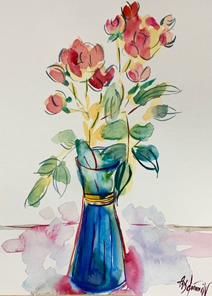 「花瓶の赤いミニ薔薇」水彩画＊原画＊F4号