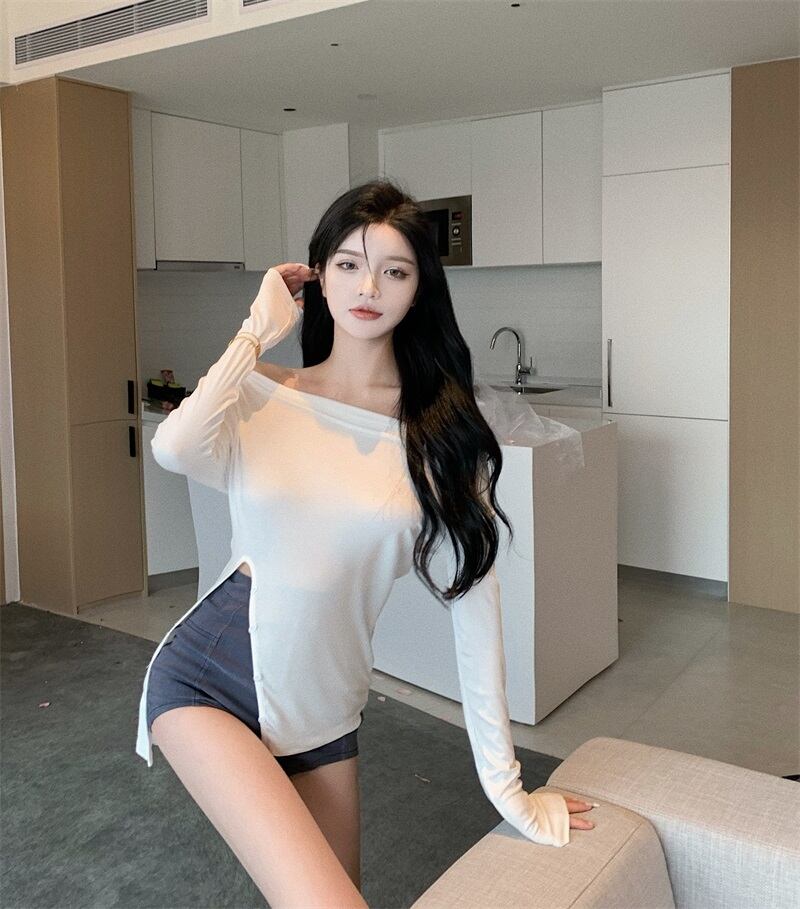 Tシャツ シャツ 薄手ホワイトサマートップス ロング 夏物 ブラックストロベリース4428117808