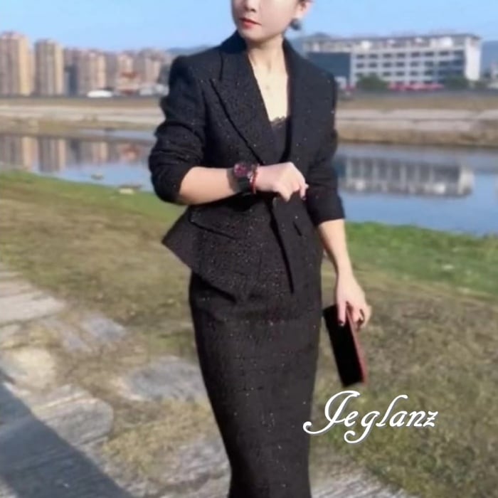 セットアップ 2点 ペプラム ジャケット スリム スカート ラメ 光沢感(M9180)ζ