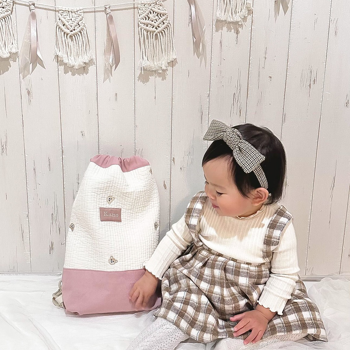 pink / name刺繍 knapsack moamu.tiny.closet