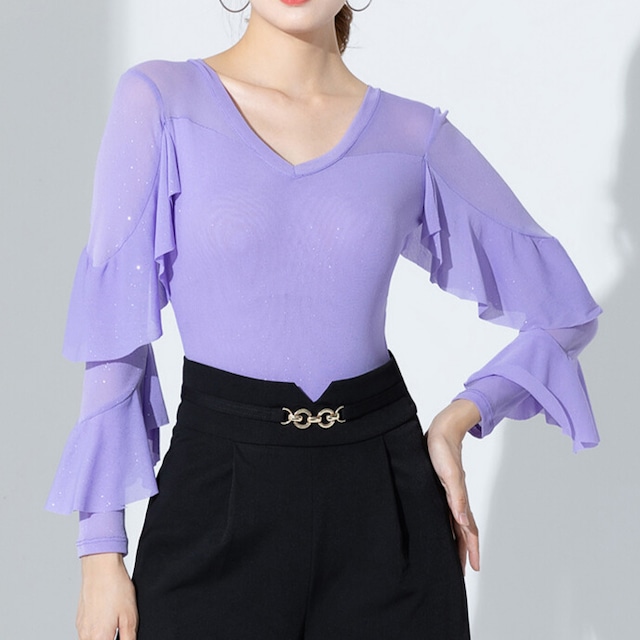 フレアスリーブ Vネック フリル ダンストップス (レオタードタイプ選択可) ds1106