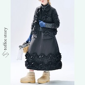 ブラックキルティング×豪華フリルのアート系ミモレスカート 《i0825》