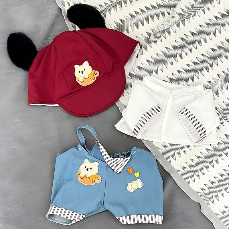 40cmぬいぐるみ用 シャツ+犬刺繍 サロペット+帽子 カジュアル 着せ替え